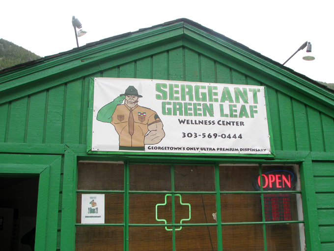 Sergeant Green Leaf Wellness Center operates from this small building in Georgetown, Colorado, which has a population of 1,023 people. But the dispensary is conveniently located near an on-off ramp for Interstate 70, less than an hour from Denver and on the way to the popular ski areas of Breckenridge and Vail. (STAFF PHOTO / MICHAEL POLLICK)