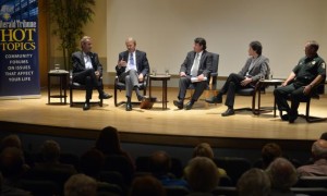 he Herald-Tribune and New College hosted the "Hot Topics" discussion on the up-coming medical marijuana referendum held at the Mildred Sainer Music and Arts Pavilion at New College in Sarasota Wednesday evening. Seated from left, pain medicine specialist Dr. Rafael Miguel, University of Florida Law School professor Jon Mills, Herald-Tribune opinion editor Tom Tryon, Eckerd College biology professor Greg Gerdeman and Sarasota County Sheriff Tom Knight. (STAFF PHOTO / THOMAS BENDER)