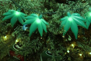 Christmas tree decorated with marijuana leaves