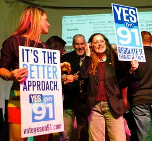 Supporters for the legalization of marijuana celebrate at the Measure 91 party at Holocene night club in Portland, Ore., on Tuesday, Nov. 4, 2014. Oregon voters legalized recreational pot use Tuesday.  (AP Photo/The Oregonian, Madeline Stone)