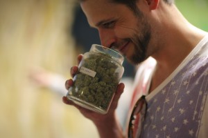 Jake Browne smells marijuana at the LoDo Wellness Center in Denver. He is the first to become the cannabis critic for The Denver Post, Colorado’s oldest, and largest, daily newspaper. (Matthew Staver/The New York Times) 