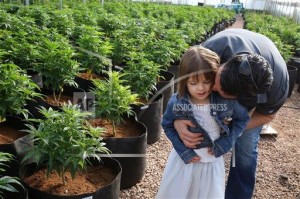 In this Feb. 7, 2014 file photo, Matt Figi hugs and tickles his once severely-ill seven year old daughter Charlotte, as they walk together inside a greenhouse for a special strain of medical marijuana known as Charlotte's Web, which was named after the girl early in her treatment for crippling severe epilepsy, in the mountains west of Colorado Springs, Colo. Colorado is poised to award more than $8 million for medical marijuana research, a step toward addressing complaints that little is known about pot's medical potential. Among the research projects poised for approval on Wednesday, Dec. 17, 2014, are one for pediatric epilepsy patients, and another for children with brain tumors. (AP Photo/Brennan Linsley, File) The Associated Press