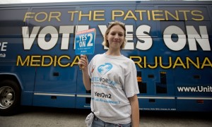 In this October photo,  Tabitha Winslow  shows her support for marijuana reform laws during a rally in Boca Raton. The debate over legalizing medical marijuana in Florida has resumed as the group backed by attorney John Morgan puts pressure on the legislature to act.  (AP Photo/J Pat Carter)
