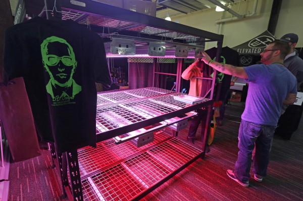 Visitors try out LED grow lights offered by DB Cooper Grow Lights, a company named after the famed northwest hijacker and robber D.B. Cooper, Thursday, Feb. 19, 2015, at CannaCon, a marijuana business trade show in Seattle. (AP Photo/Ted S. Warren)