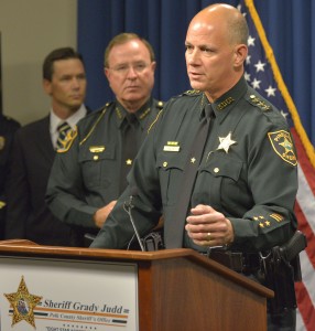 Sheriff Bob Gualtieri, Pinellas County Sheriff's Office, addresses the media as Sheriff Grady Judd, left, Polk County Sheriff's Office looks on during an August  press conference. (Photo by Paul Crate/News Chief)  