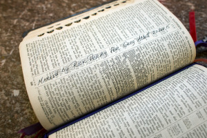 A closeup of the Governor Pat Neff Bible shows a passage that Texas Gov.r Rick Perry highlighted for incoming Gov.-elect Greg Abbott on Monday, Jan. 19, 2015, at the Capitol in Austin, Texas. The passage is from Matthew 20: 25-28 and is a tradition for Texas Governors since 1925. Abbott will take the oath of office on Tuesday. (AP Photo/Texas Tribune, Bob Daemmrich,