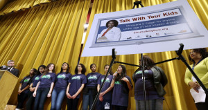 Middle school children take turns speaking during a presentation of a new citywide effort to preventing the use of marijuana and other drugs by teens Wednesday, March 11, 2015, in Seattle. More than two years after Washington legalized marijuana, community groups in Seattle are launching the campaign with support from the Seattle City Attorney's Office.  (AP Photo/Elaine Thompson) 